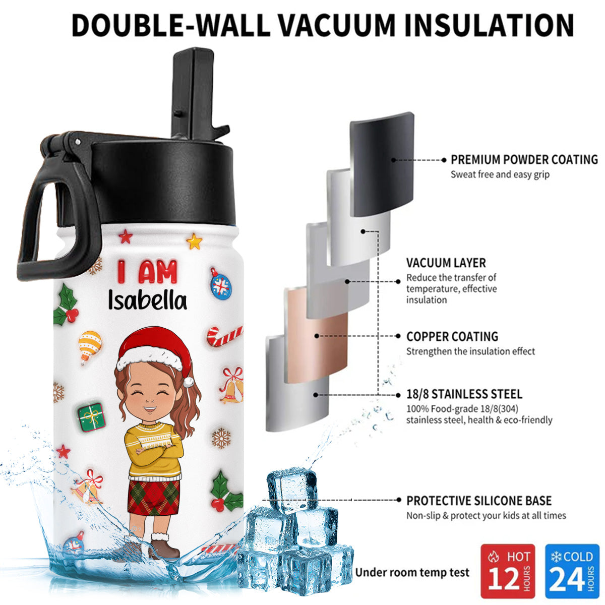 Kind Smart Loved Christmas - Personalized Custom 3D Inflated Effect Kids Water Bottle