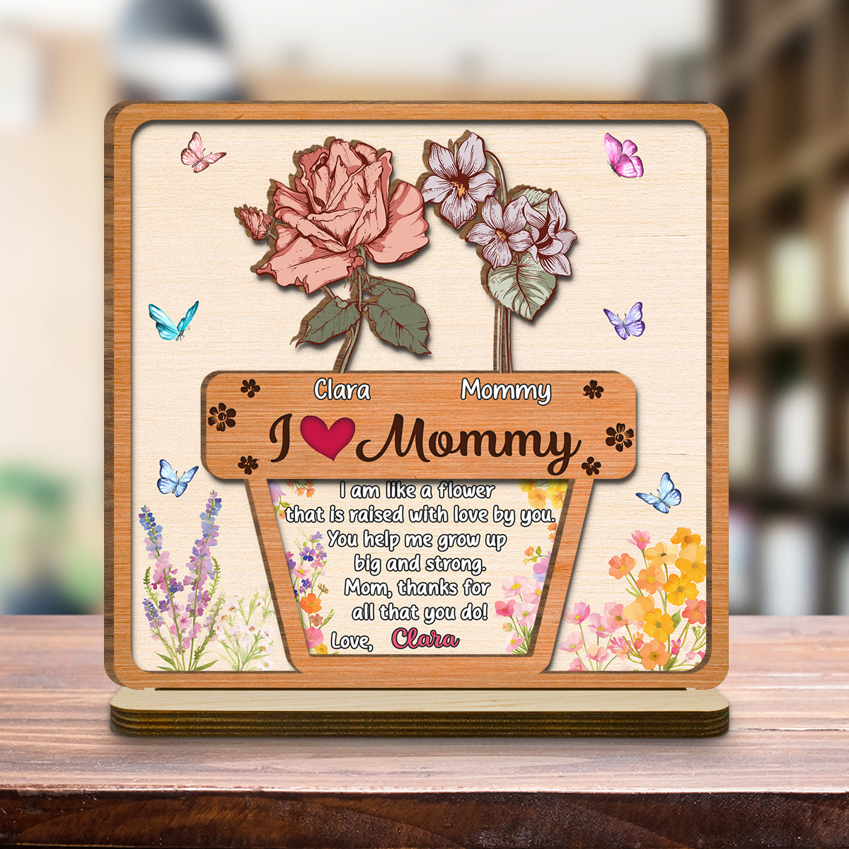 Growing Love Flower - Personalized Custom 2-Layer Wood Plaque With Flat Base