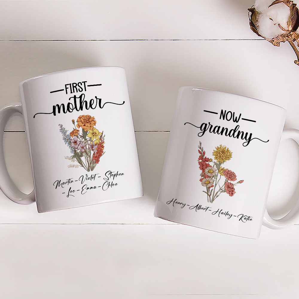First Mom Now Grandma Flower - Personalized Custom Coffee Mug