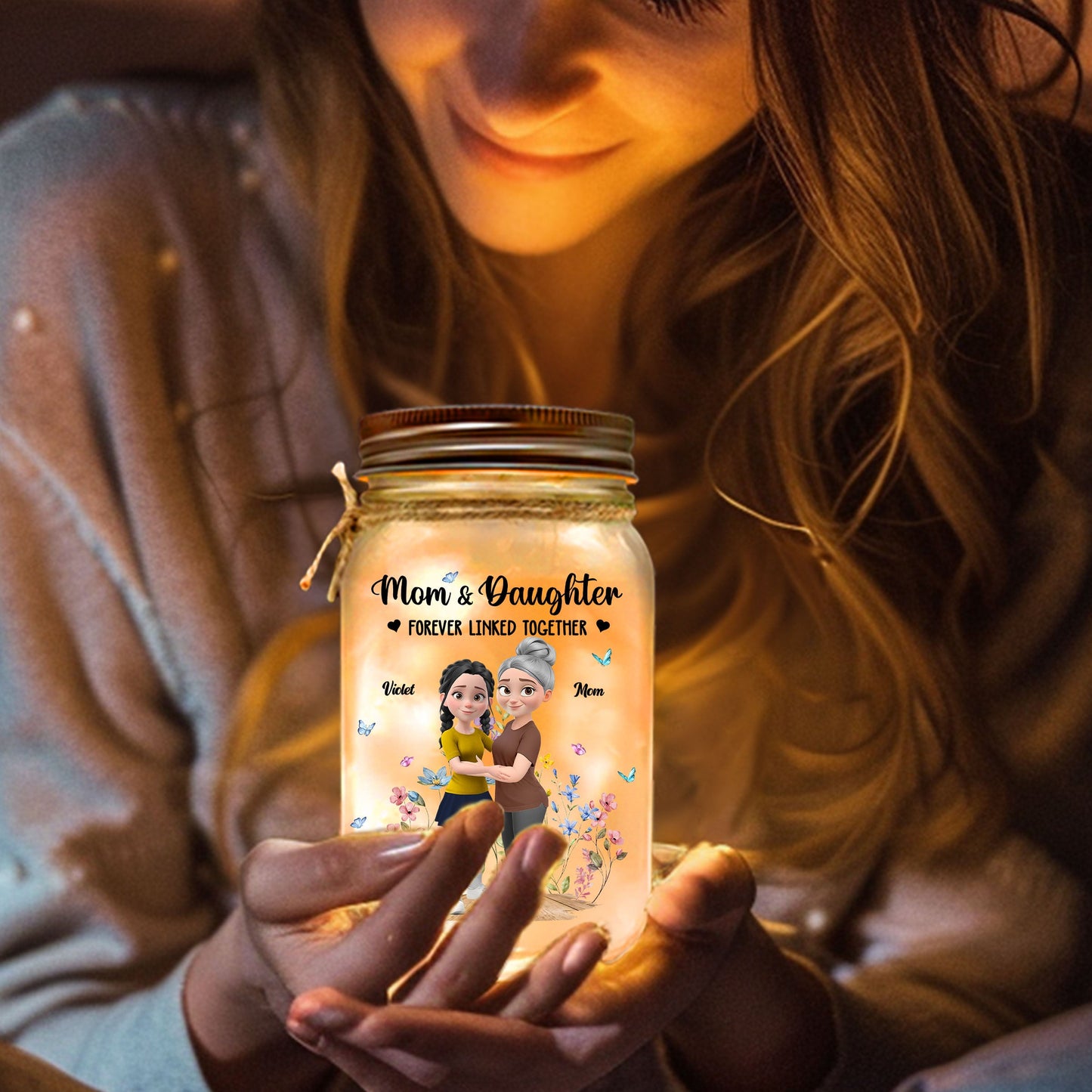 Mom And Daughter Forever Linked Together - Personalized Custom Mason Jar Light