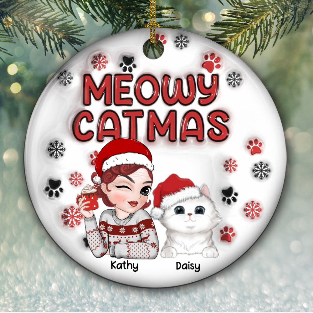 Meowy Catmas Cat Mom - Personalized Custom 3D Inflated Effect Ceramic Ornament