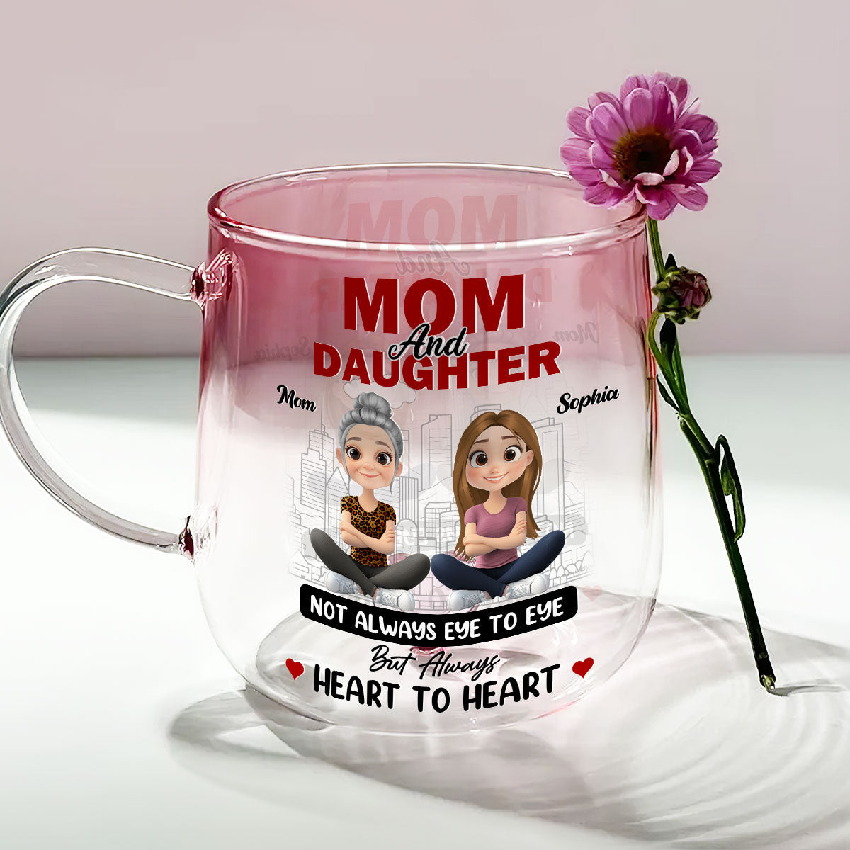 The Bond Of Love Between Mother And Daughter - Personalized Custom Pink Gradient Glass Mug