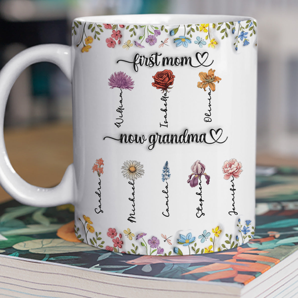 First Mom Now Grandma Birth Flower - Personalized Custom 3D Inflated Effect Mug