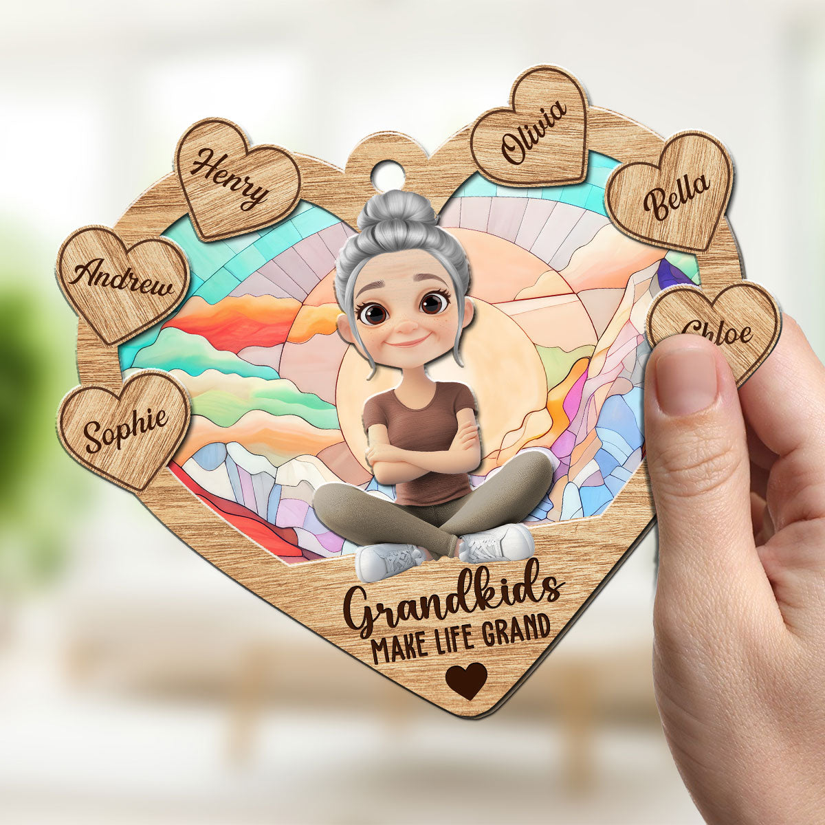 Happy Grandmother And Kids - Personalized Custom Suncatcher