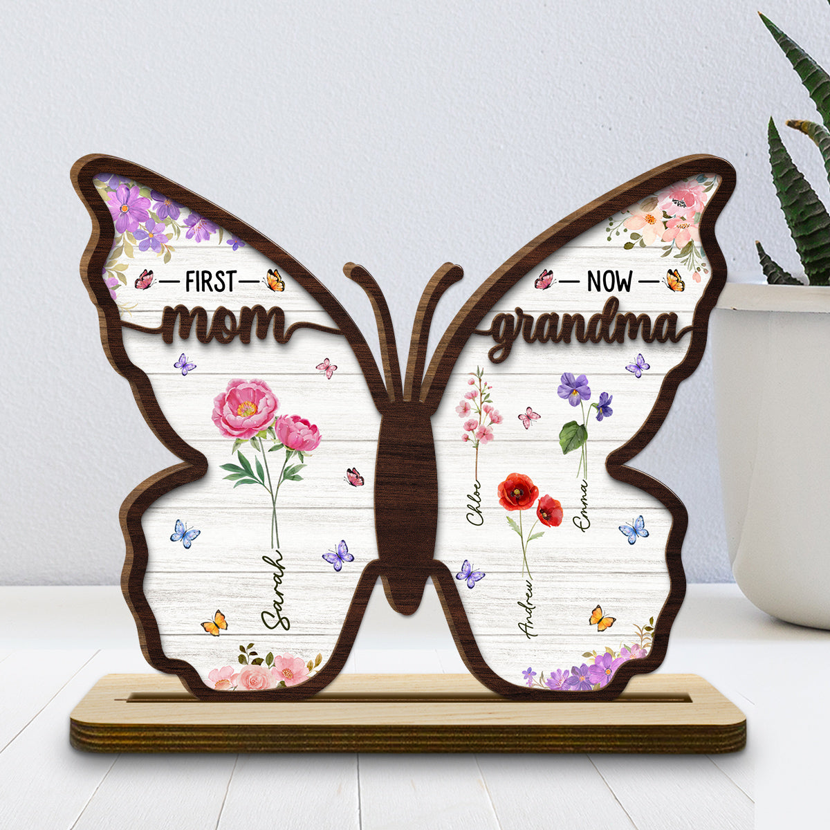 First Mom Now Grandma Butterfly - Personalized Custom 2-Layer Wood Plaque With Flat Base