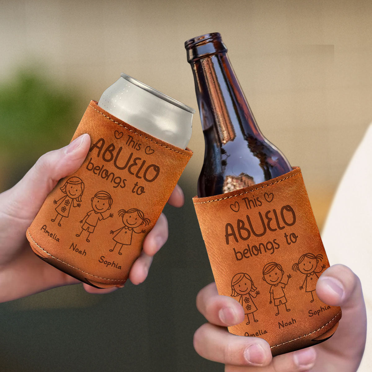 This Grandpa Belongs To Us - Personalized Custom Engraved Leather Can Cooler Holder