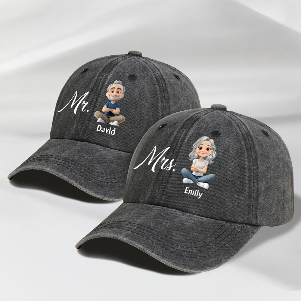 Mr And Mrs - Personalized Custom Vintage Washed Denim Cap