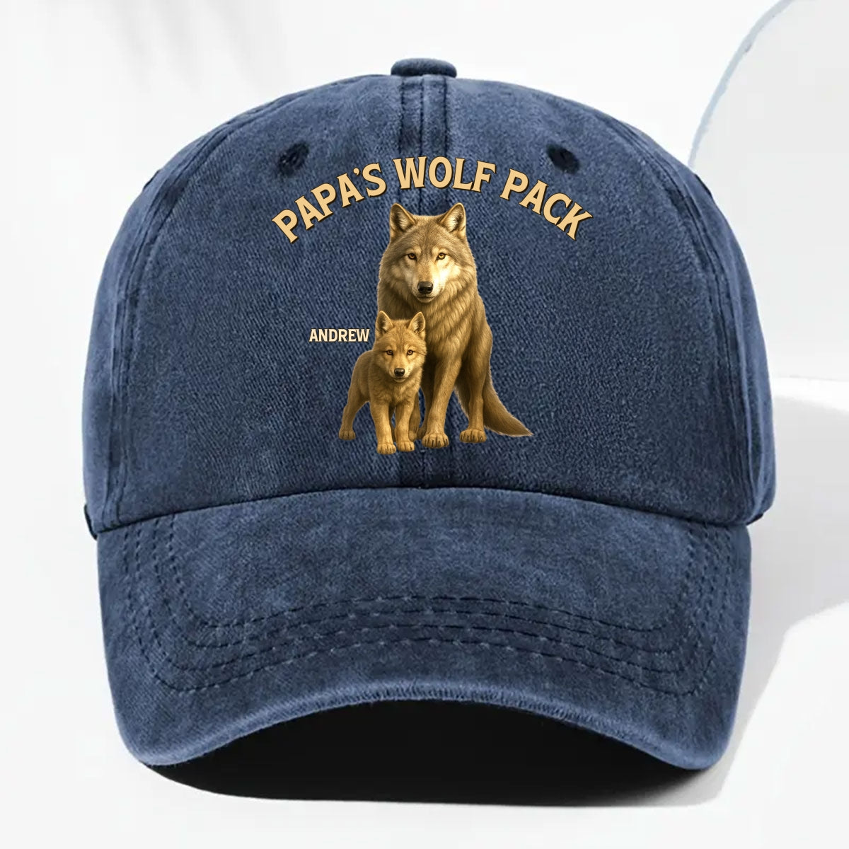 Papa's Wolf Pack - Personalized Custom Vintage Washed Denim Cap