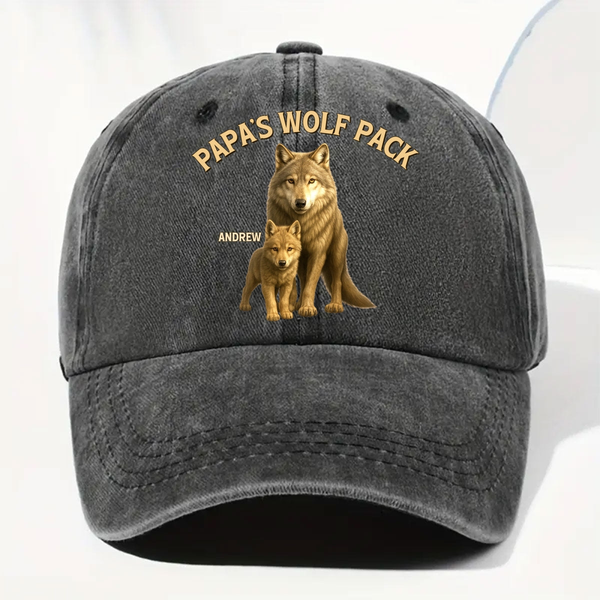 Papa's Wolf Pack - Personalized Custom Vintage Washed Denim Cap