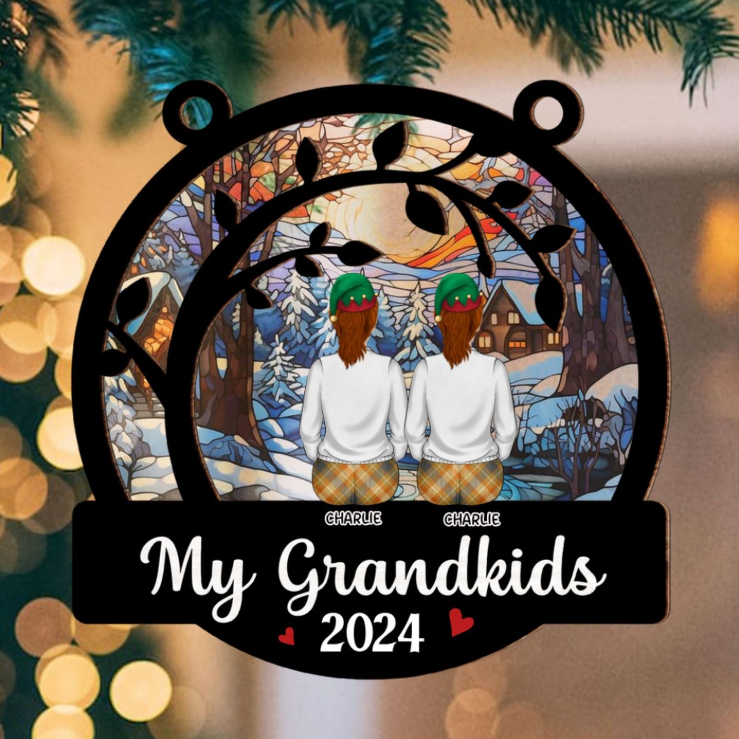 Cute Grandkids Christmas - Personalized Custom Suncatcher Ornament