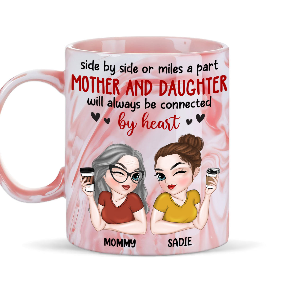 Will Always Be Connected By Heart - Personalized Custom Pink Marble Mug