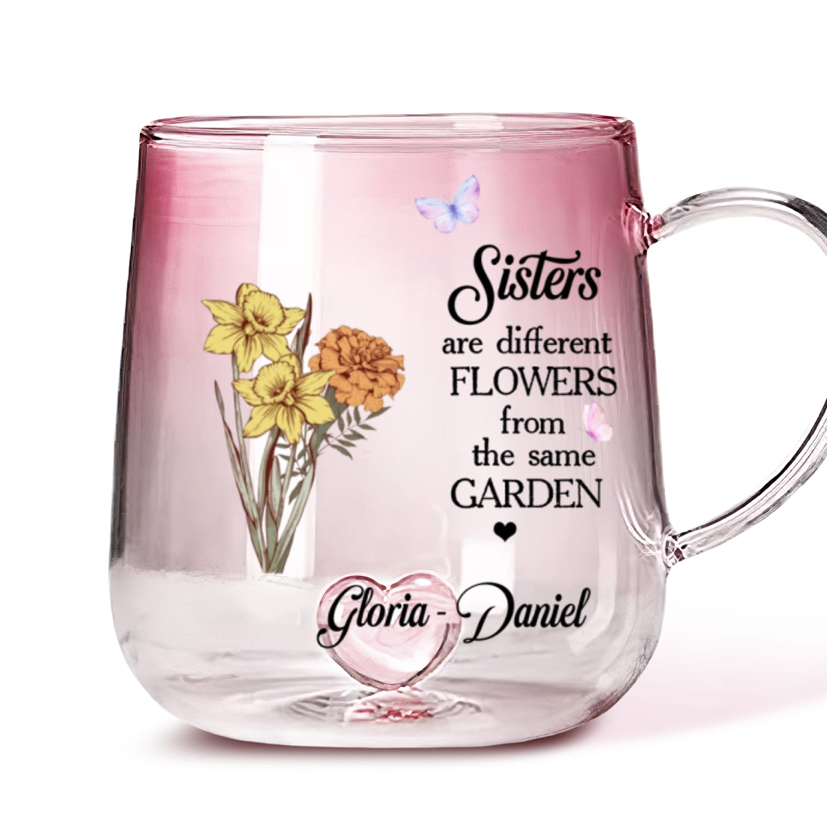 Floral Sisters Forever - Personalized Custom Pink Gradient Glass Mug