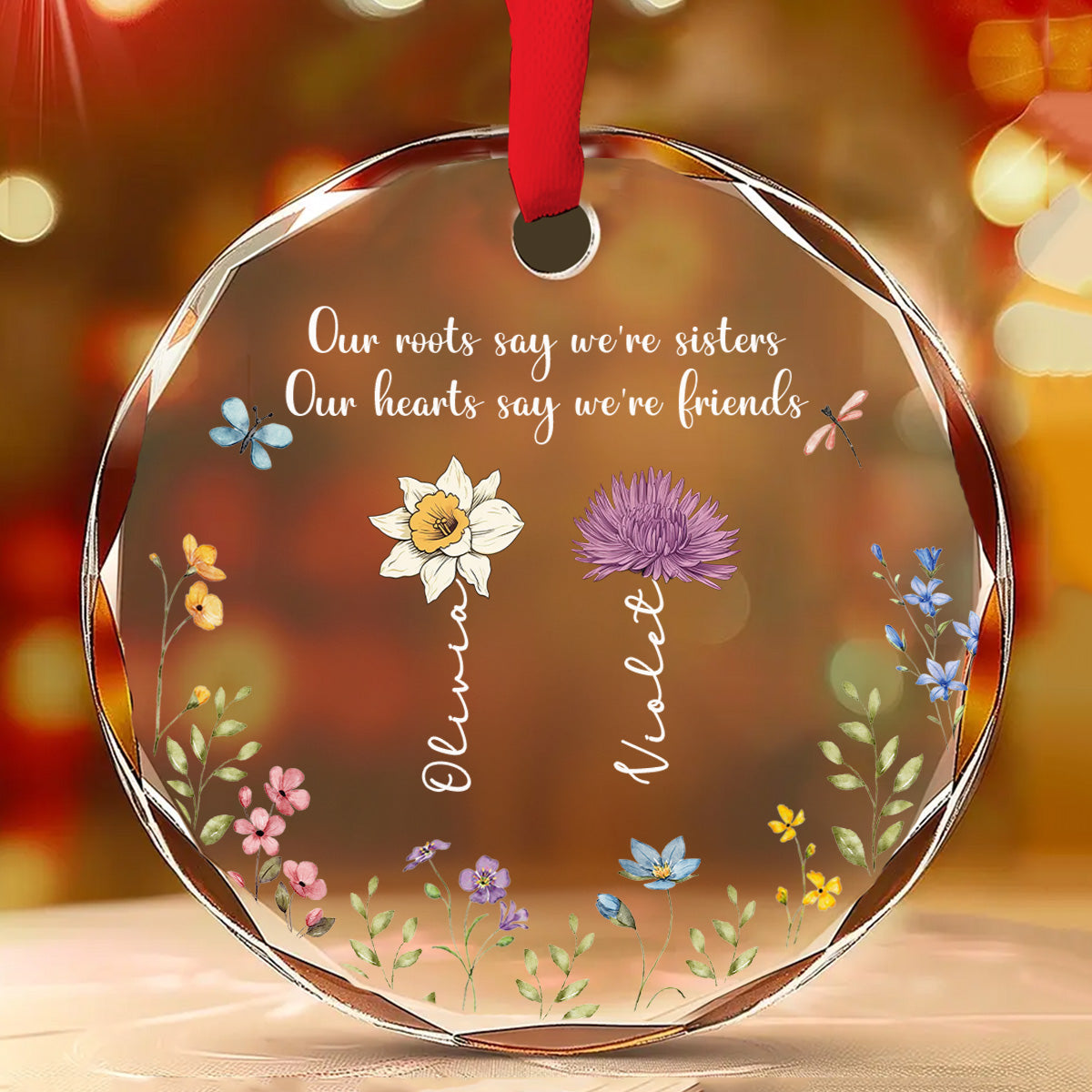 Sisters By Roots Friends By Heart - Personalized Custom Glass Ornament