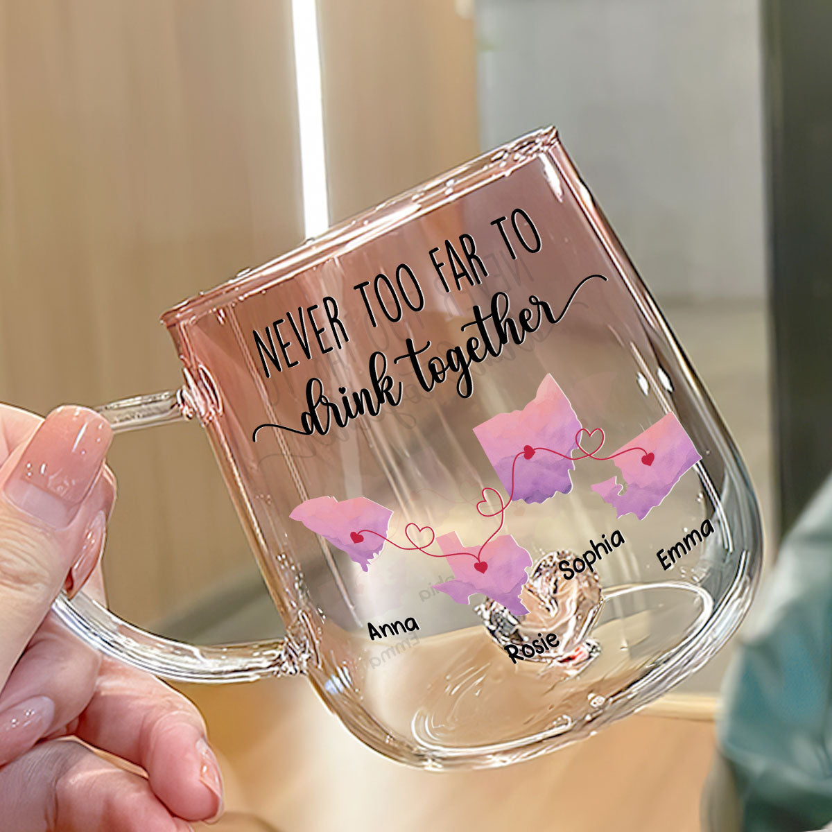 Never Too Far To Cheer With You - Personalized Custom Pink Gradient Glass Mug