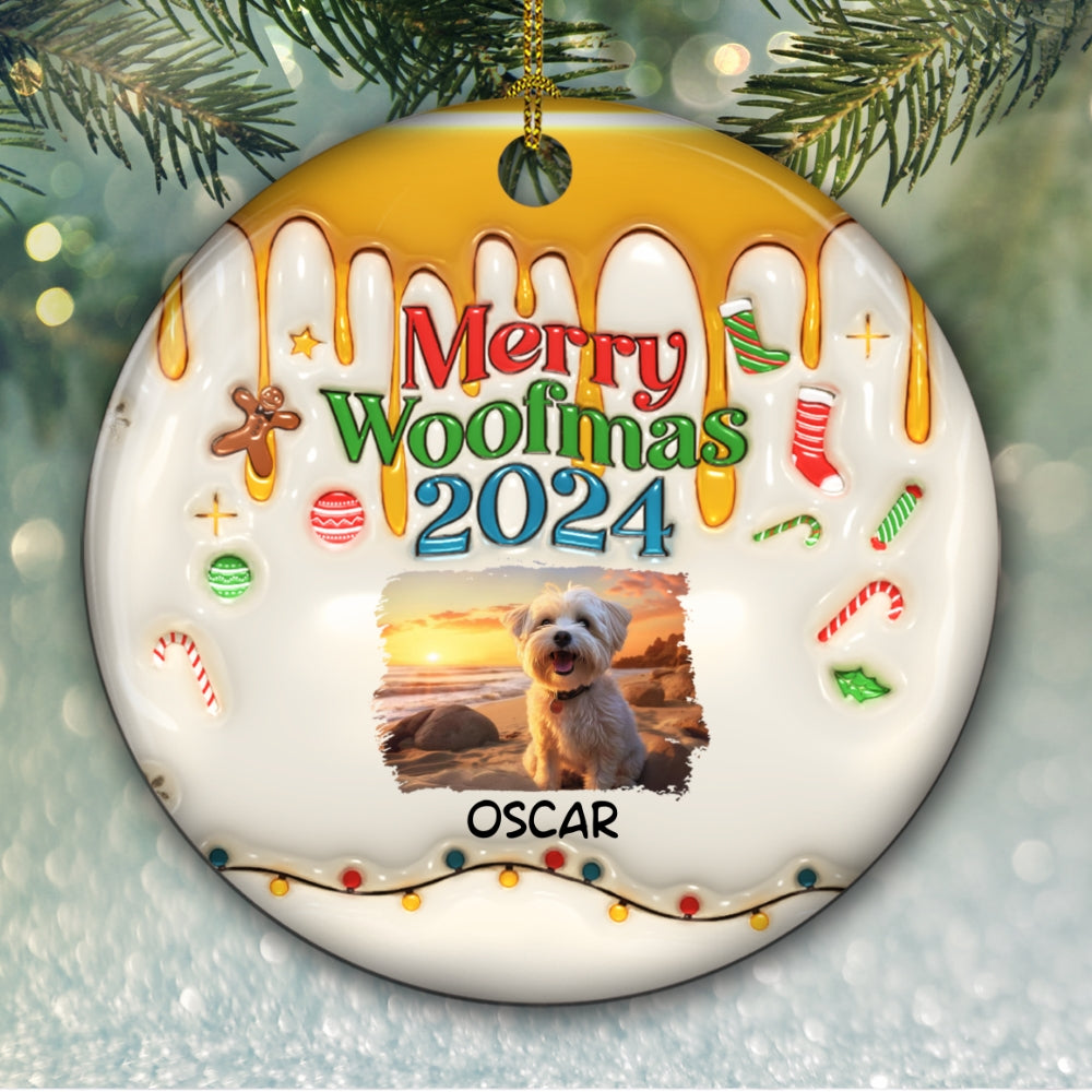 Happy Woofmas Photo - Personalized Custom 3D Inflated Effect Ceramic Ornament
