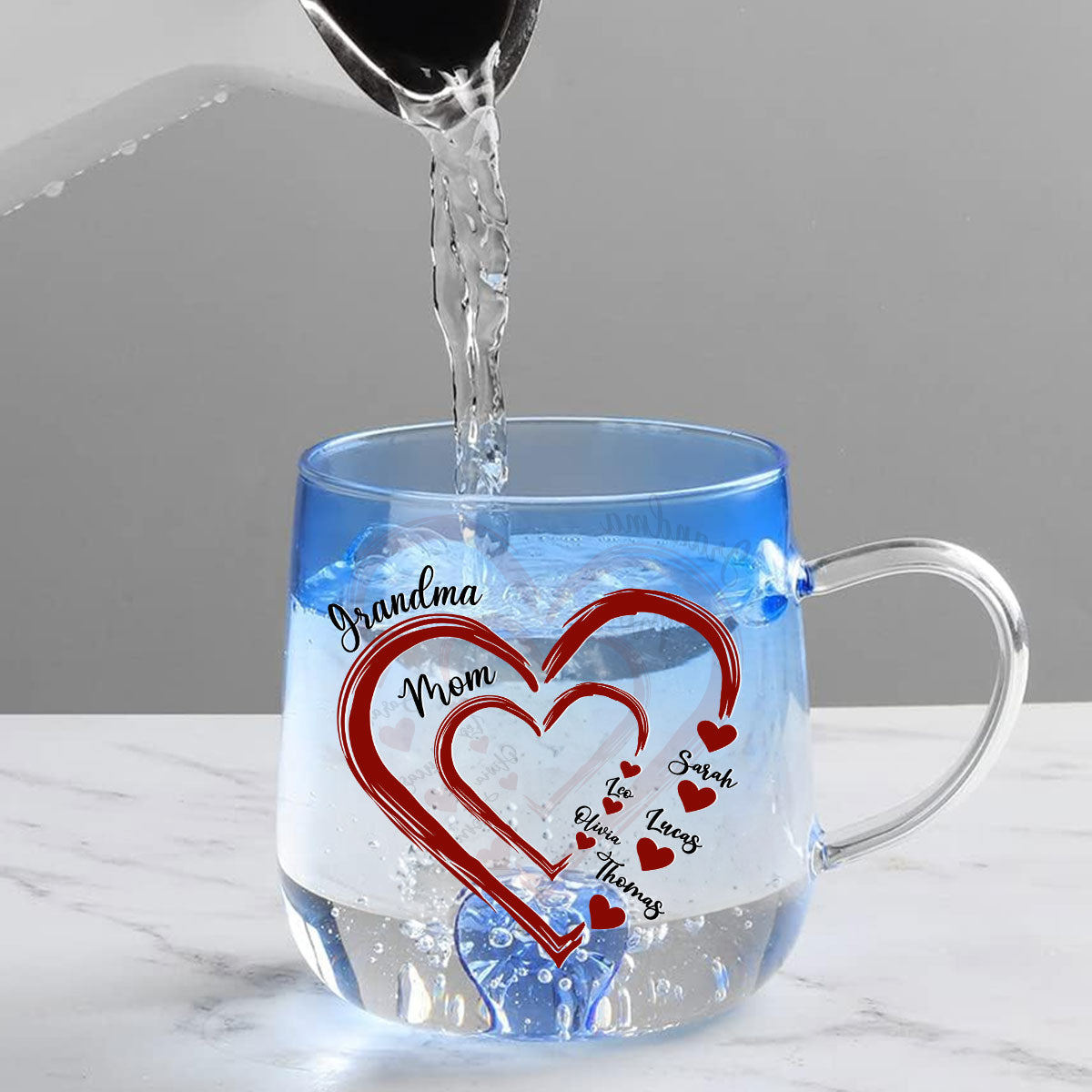 Mom Heart - Personalized Custom Blue Gradient Glass Mug