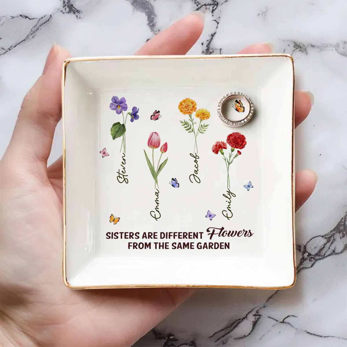 Sisters Are Different Flowers From The Same Garden Ver 2 - Personalized Custom Jewelry Dish