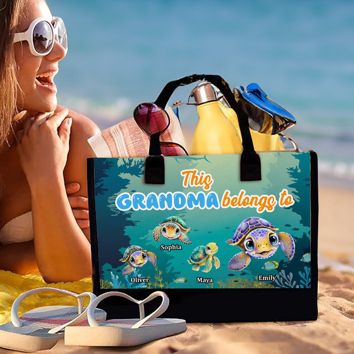 This Grandma Belongs To Turtle Summer - Personalized Custom Canvas Tote Bag