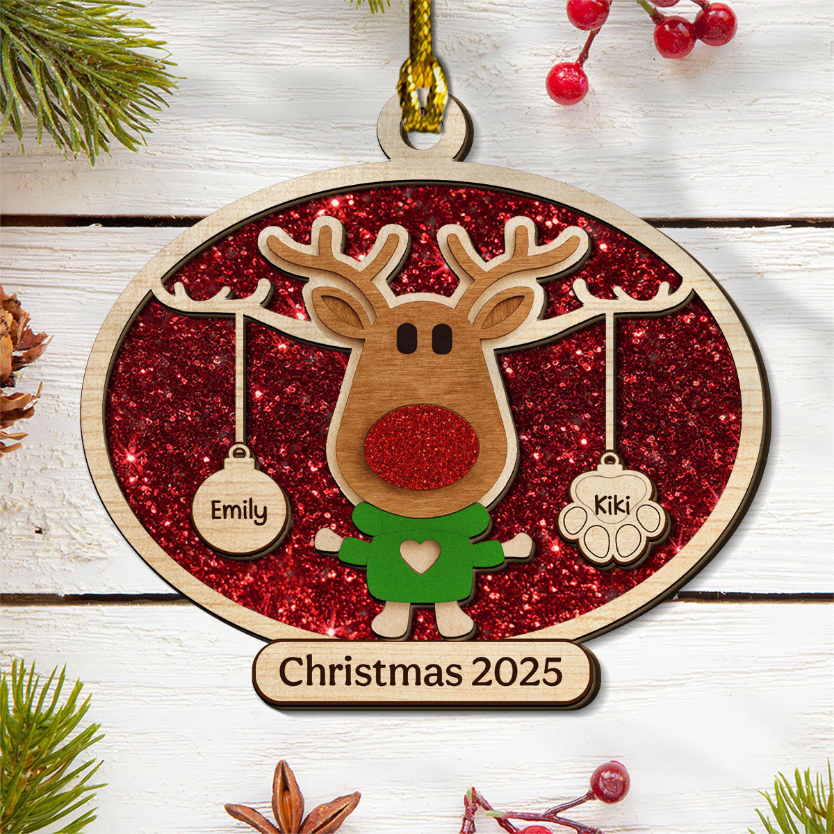 Christmas Reindeer Family Forever - Personalized Custom 2-layered Wood Ornament