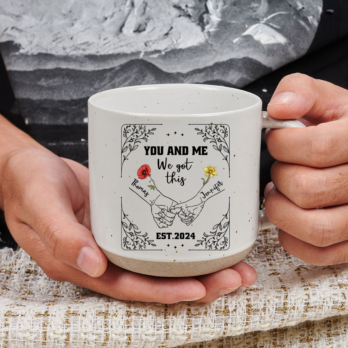 Birth Flower Hands In Hands - Personalized Custom Pottery Mug