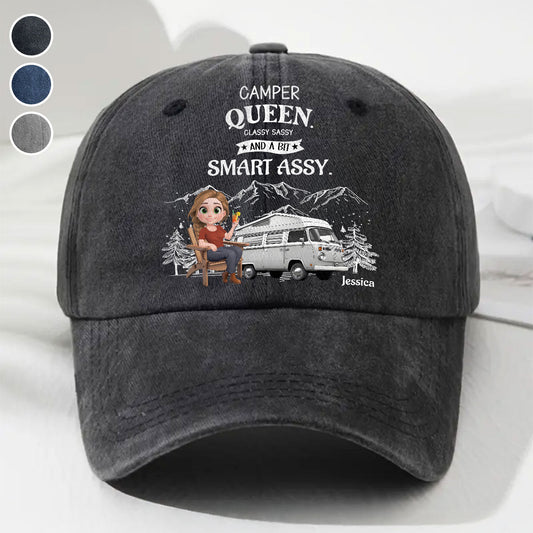 Truly A Queen Of Campers - Personalized Custom Vintage Washed Denim Cap