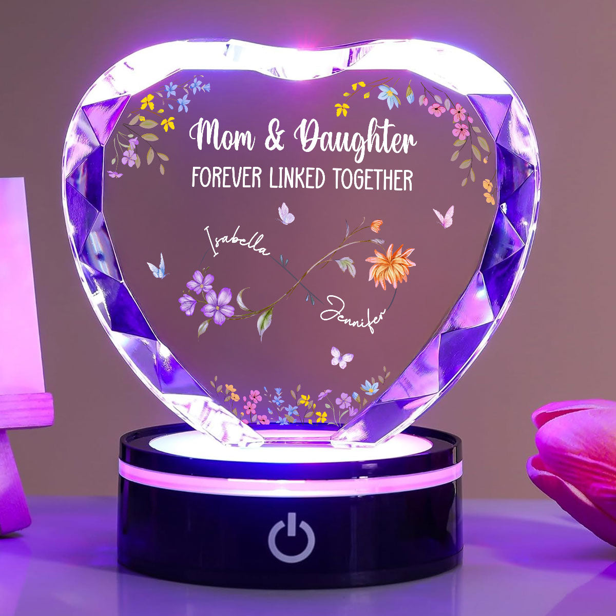 Mom And Daughter Forever Linked - Personalized Custom Crystal Led Light