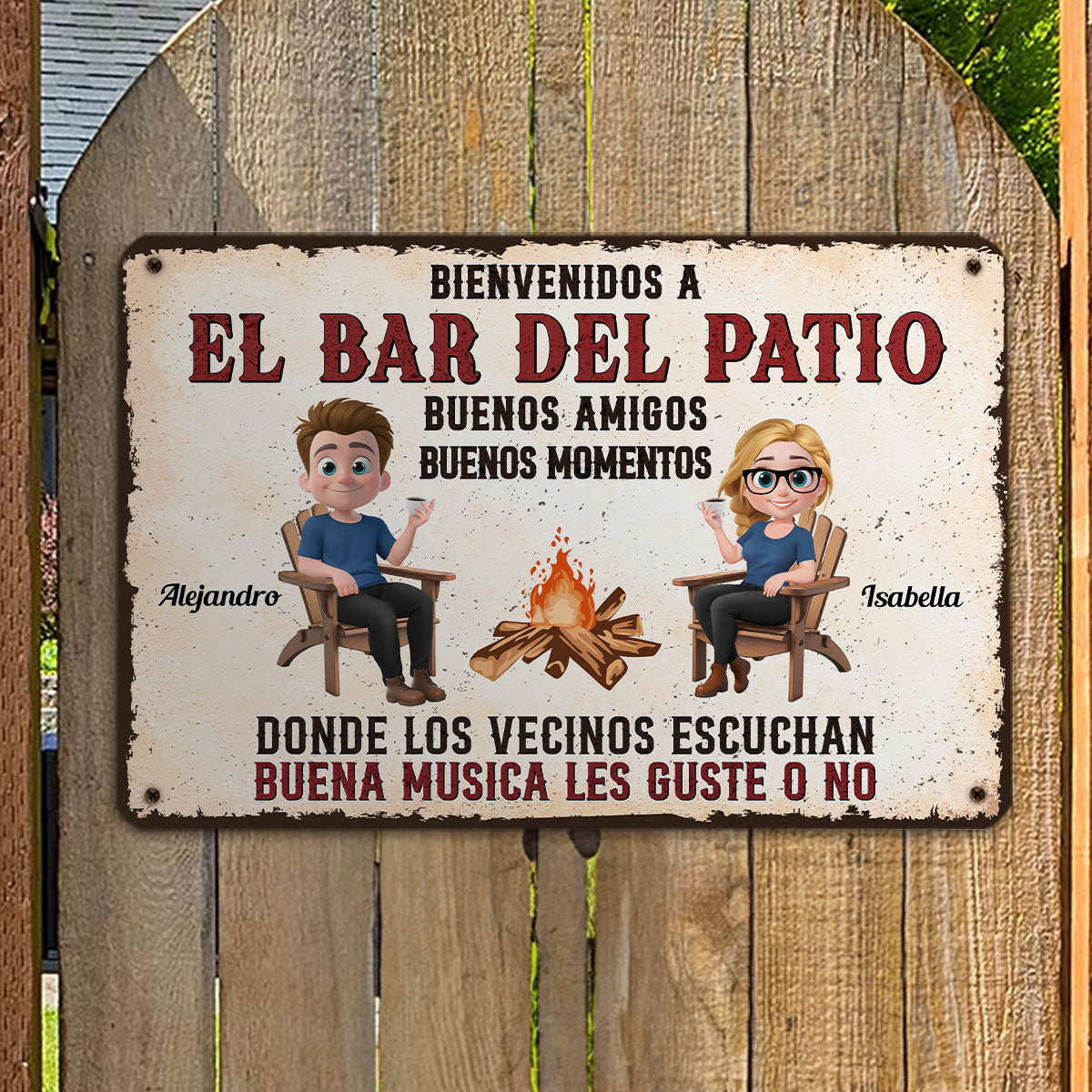 Parrillada en el patio y buena música â€?Letrero metálico personalizado