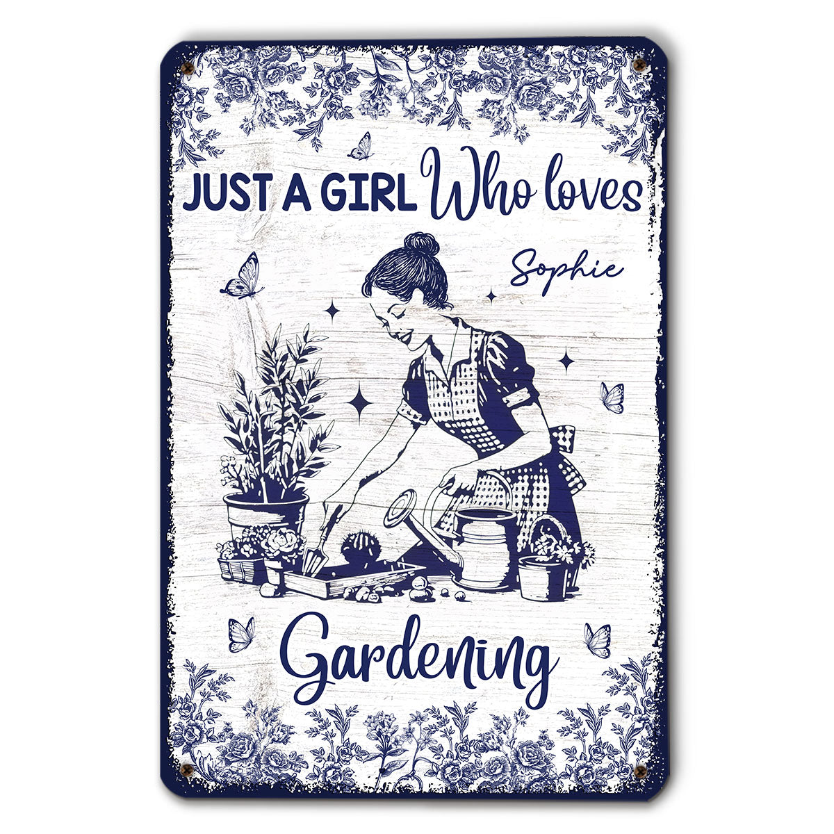Gardening Blue Toile Style - Personalized Custom Metal Sign