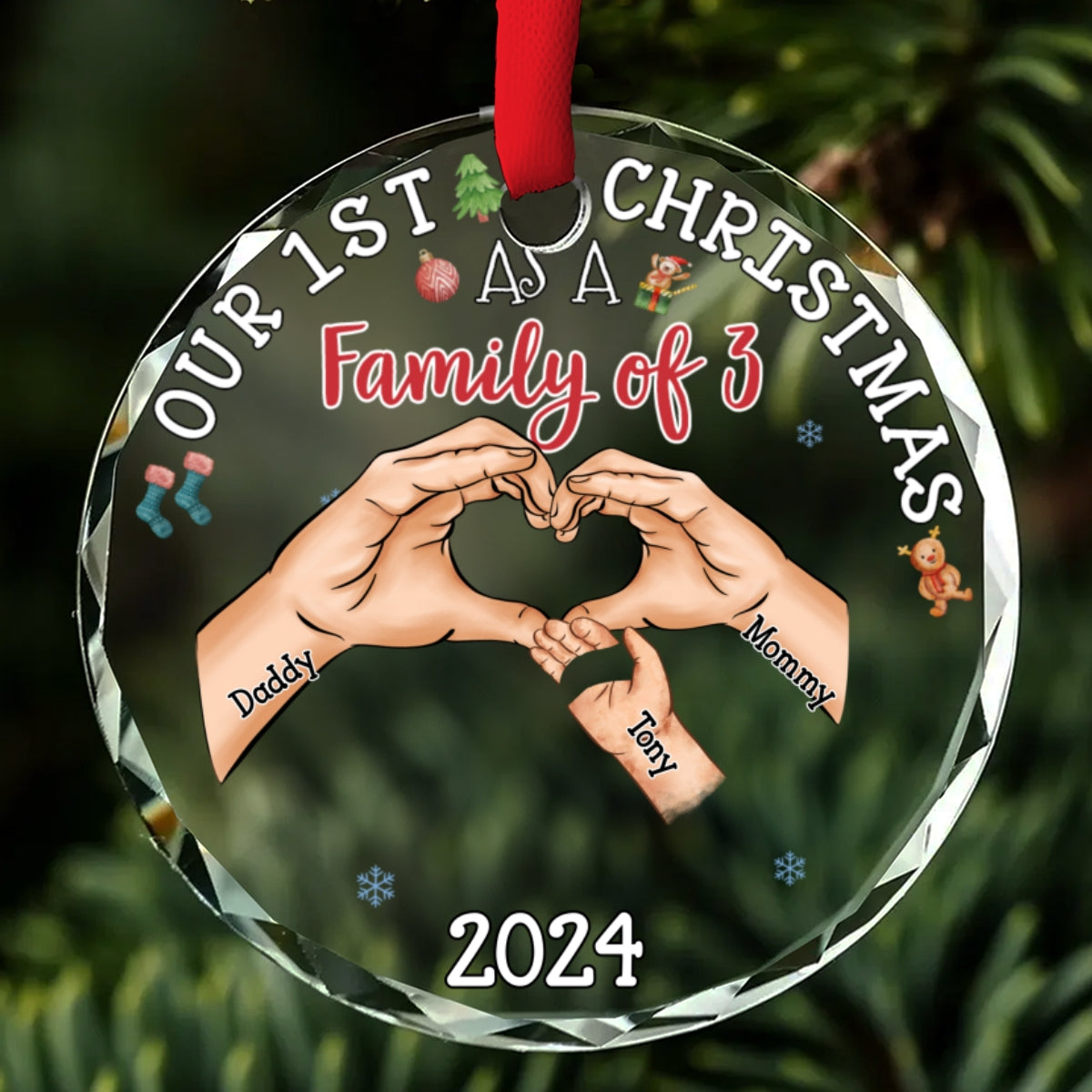 Family Of Three - Personalized Custom Glass Ornament