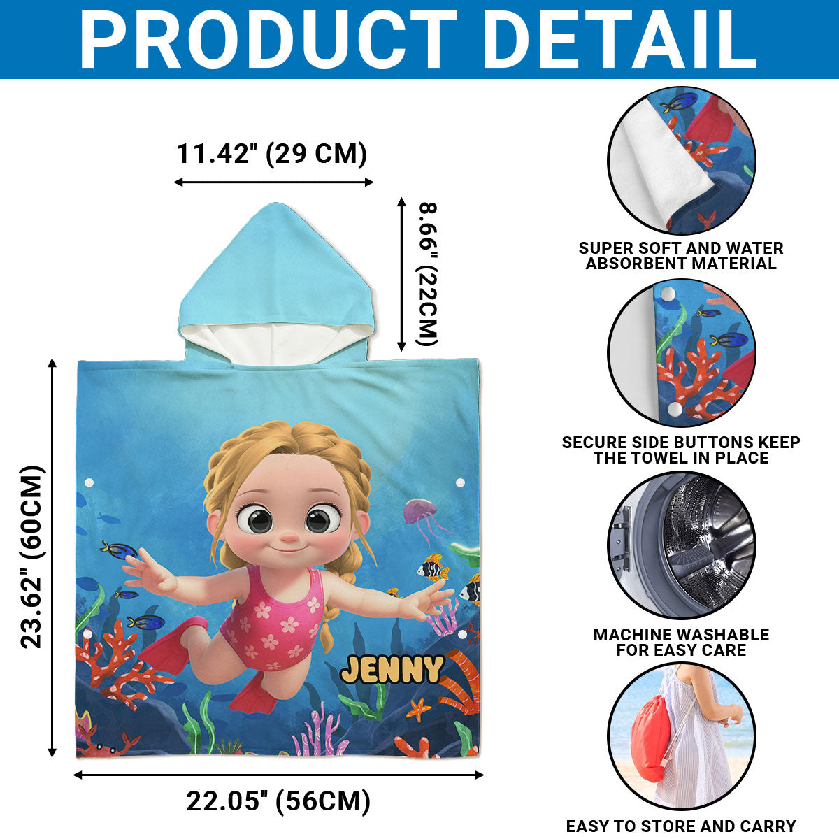 Cartoon Kid Character Marine  - Personalized Custom Hooded Beach Towel