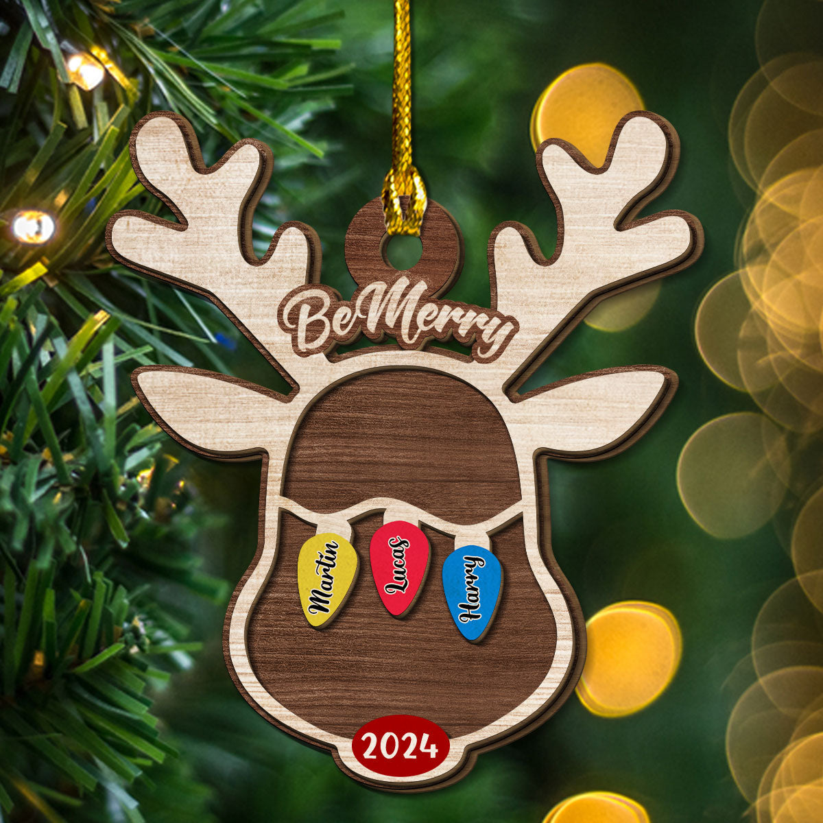 Reindeer Christmas Family Light - Personalized Custom 2-Layered Wood Ornament