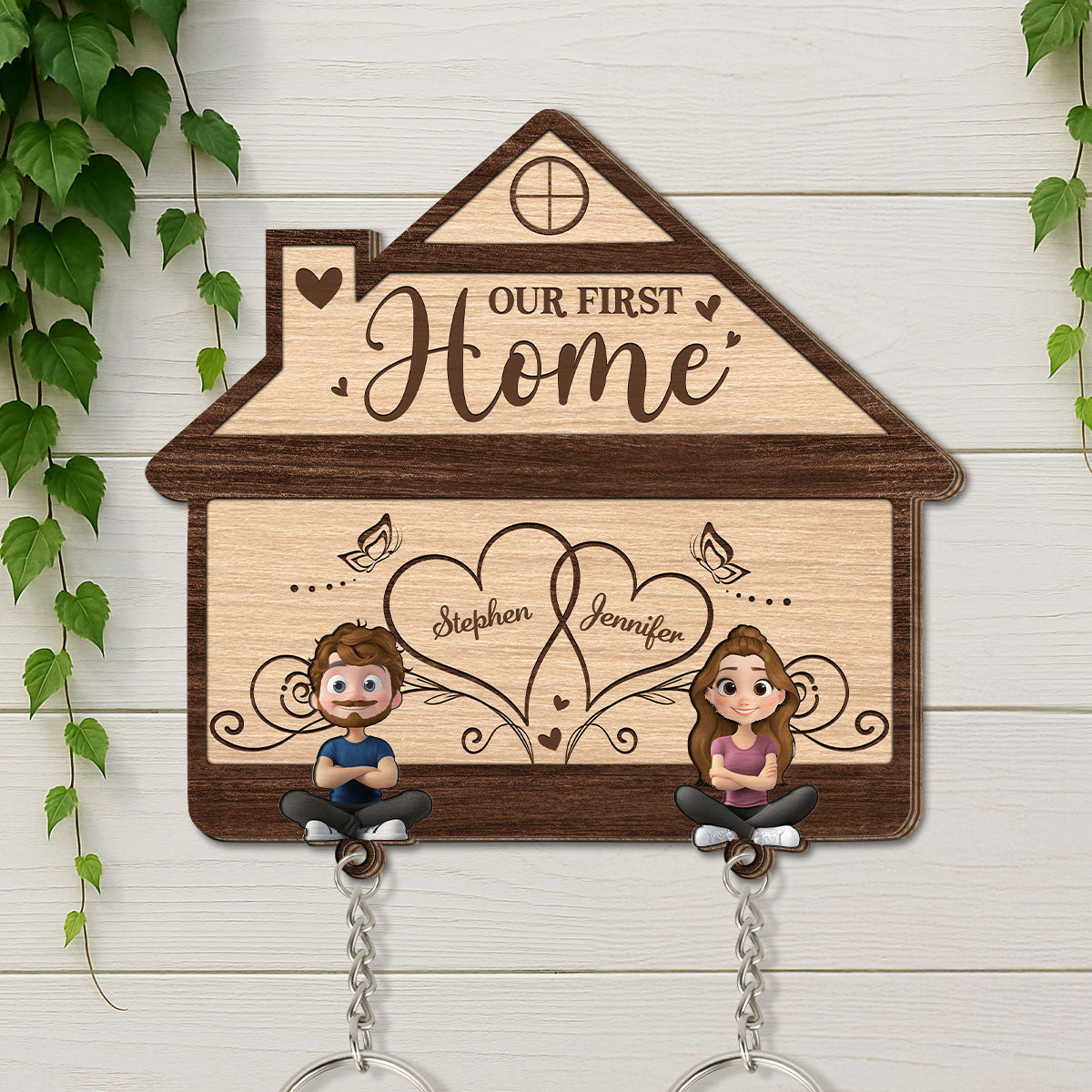 Our First Home - Personalized Wooden Key Holder With Keychain