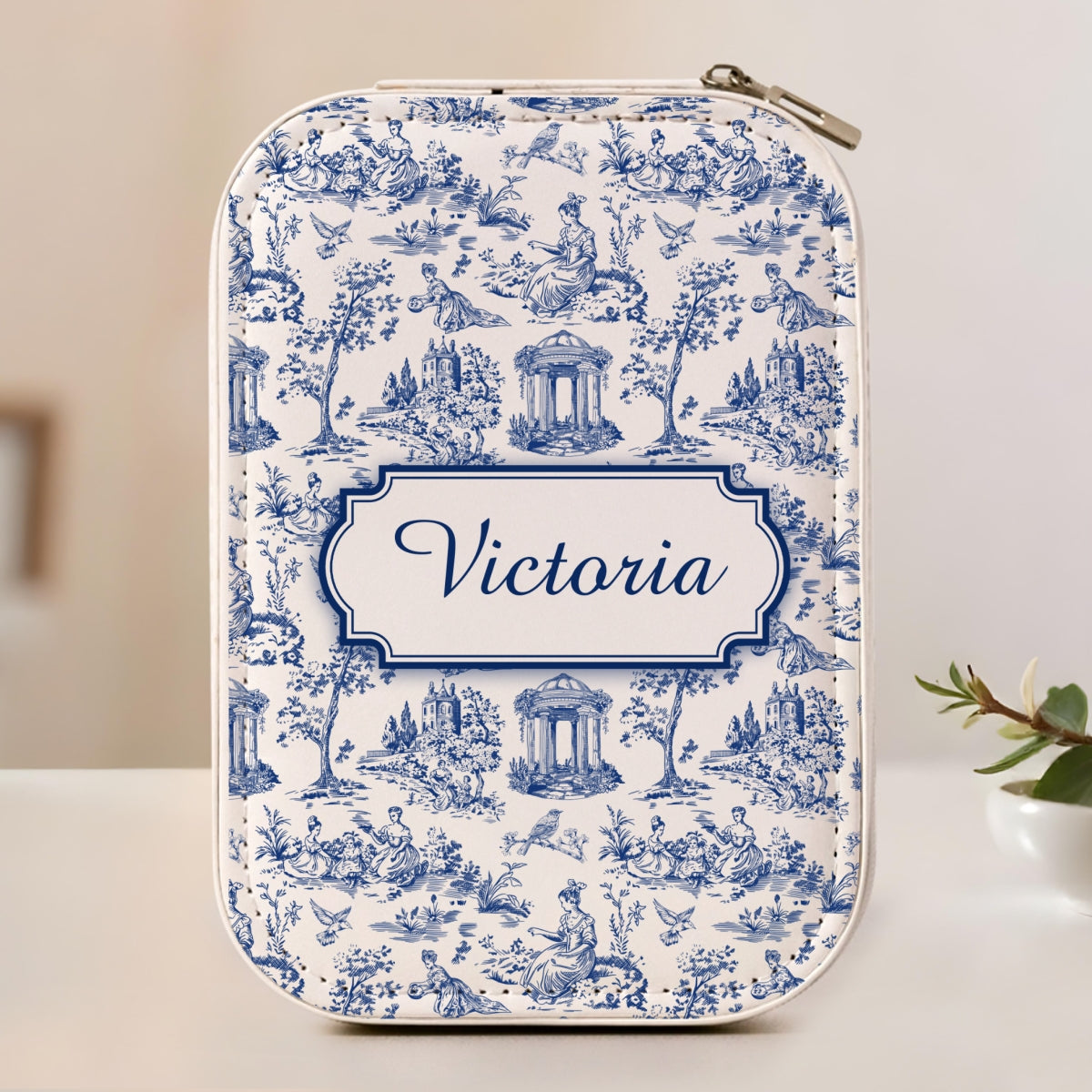 Vintage Toile - Personalized Custom Jewelry Box With LED Mirror