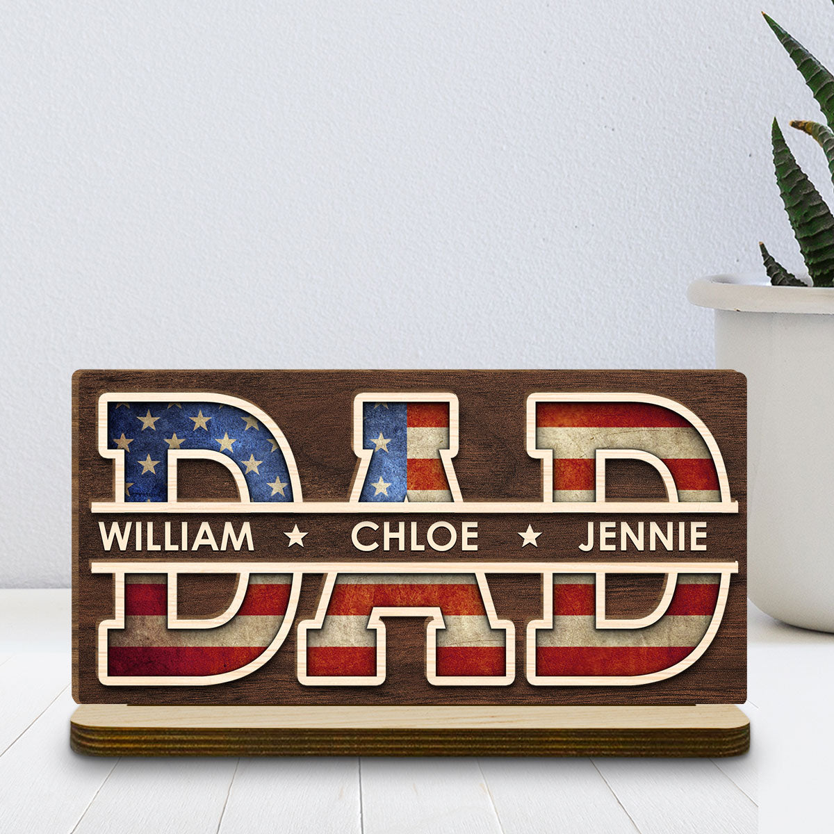 Dad America - Personalized Custom 2-Layer Wood Plaque With Flat Base