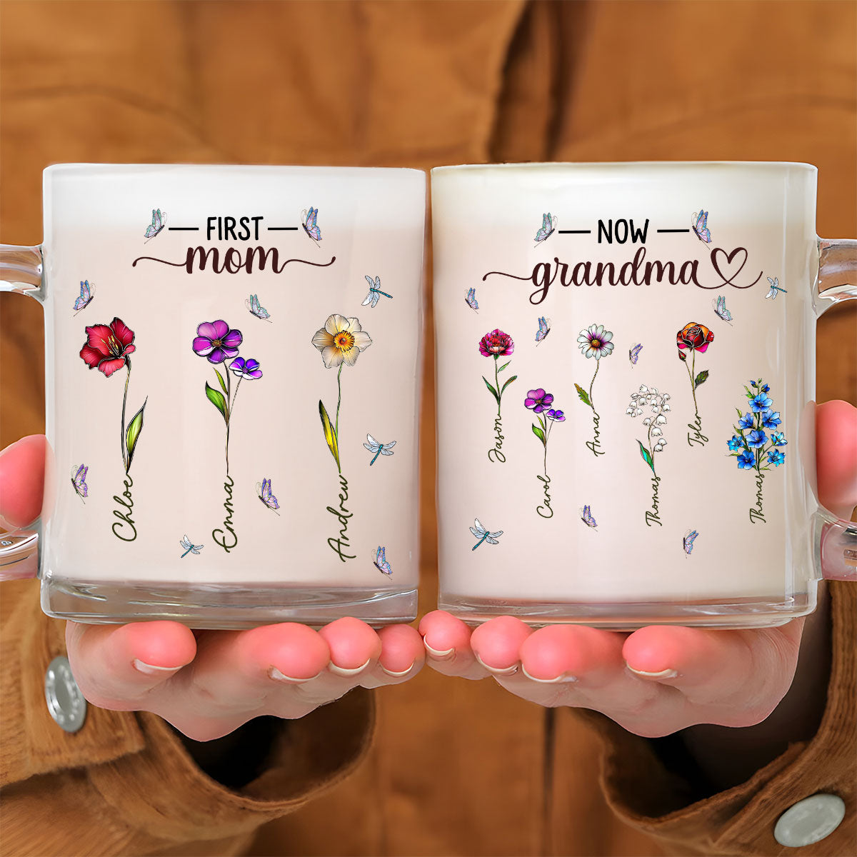 First Mom Now Nana Birthmonth Flower - Personalized Custom Glass Mug