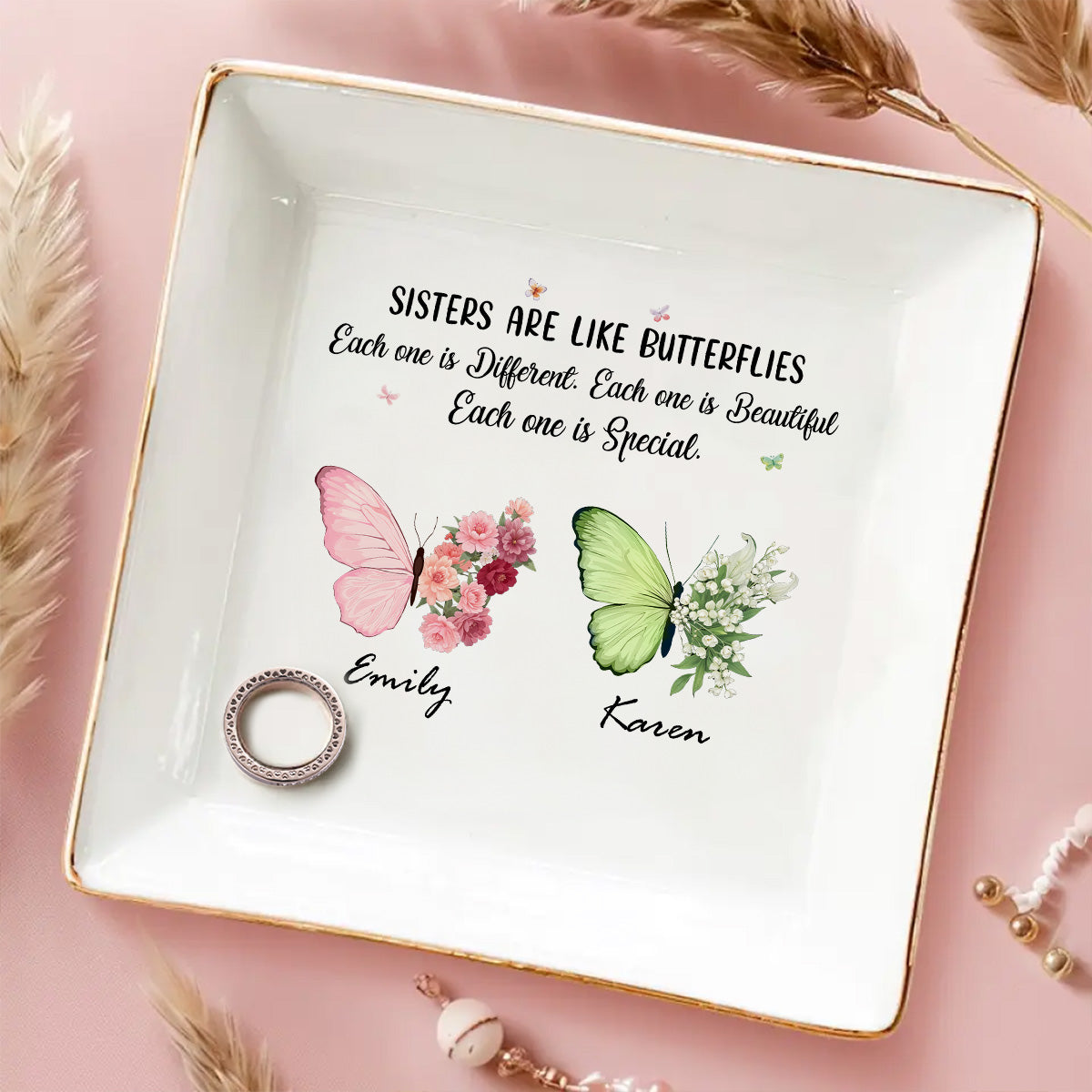 Butterflies Dance Sisters Shine - Personalized Custom Jewelry Dish
