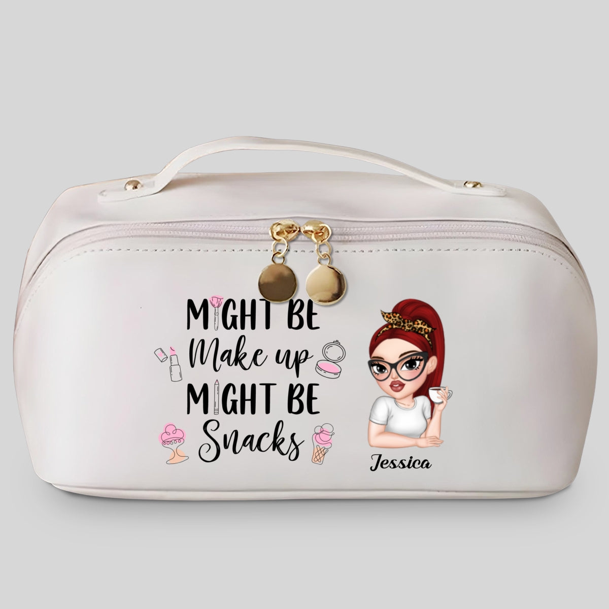 Might Be Make Up Might Be Snacks - Personalized Custom Leather Makeup Bag