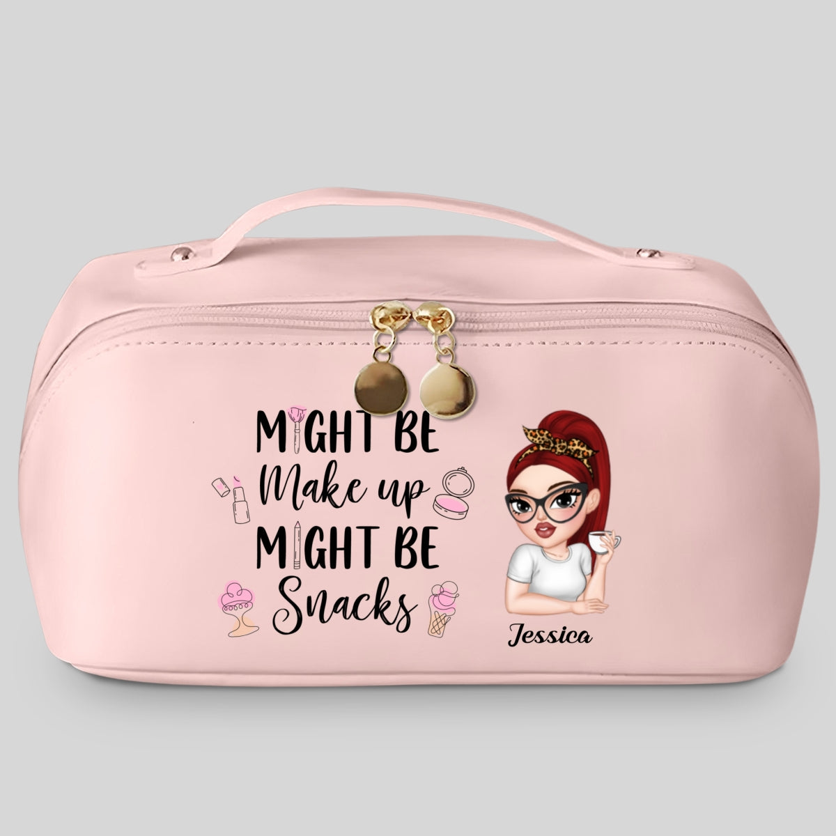 Might Be Make Up Might Be Snacks - Personalized Custom Leather Makeup Bag