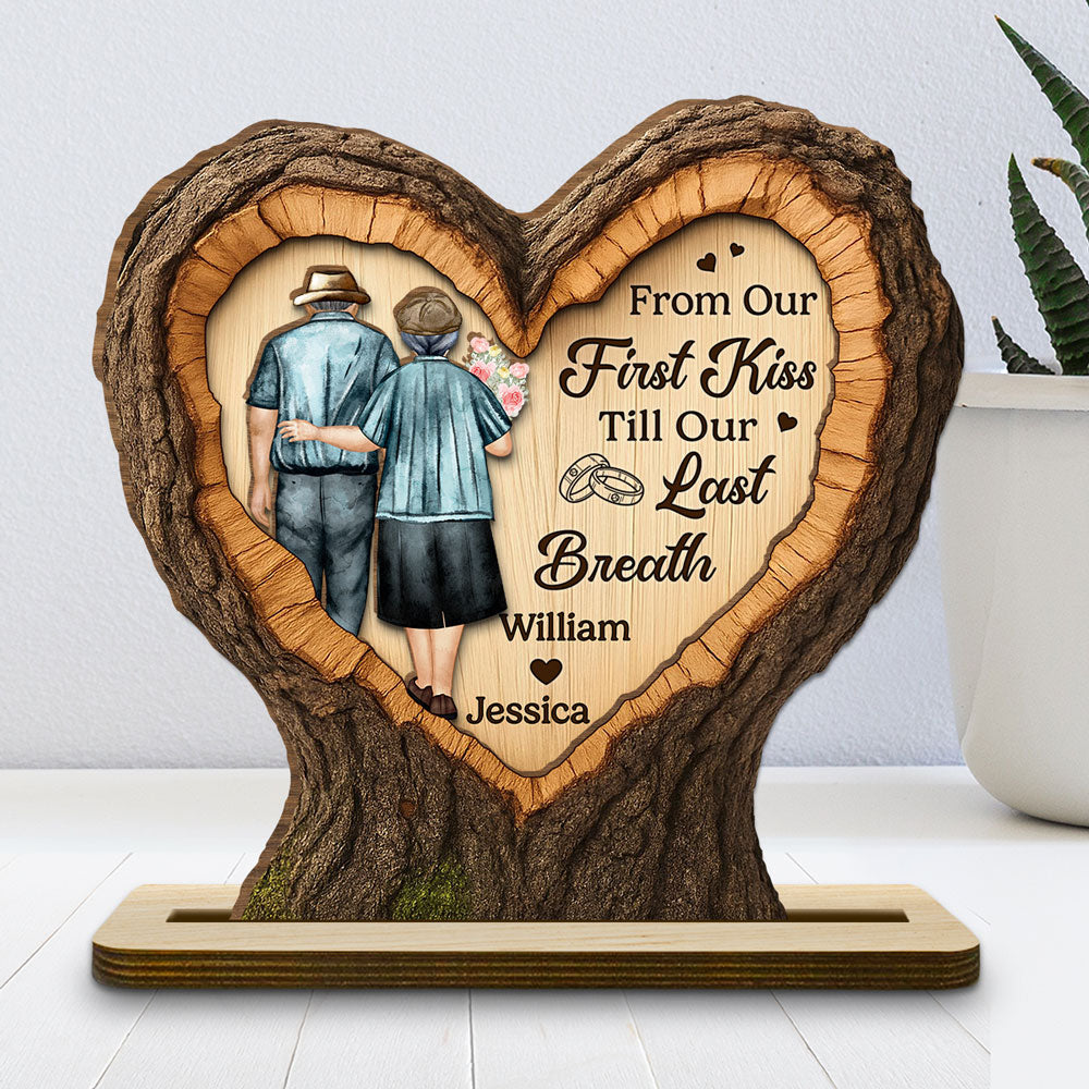 Our Journey Begins With First Kiss - Personalized Custom 2-Layer Wood Plaque With Flat Base