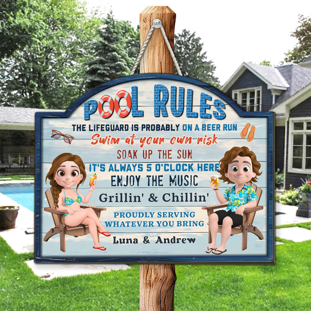 Pool Rules Swim At Your Own Risk Grilling Family - Personalized Custom Wood Sign