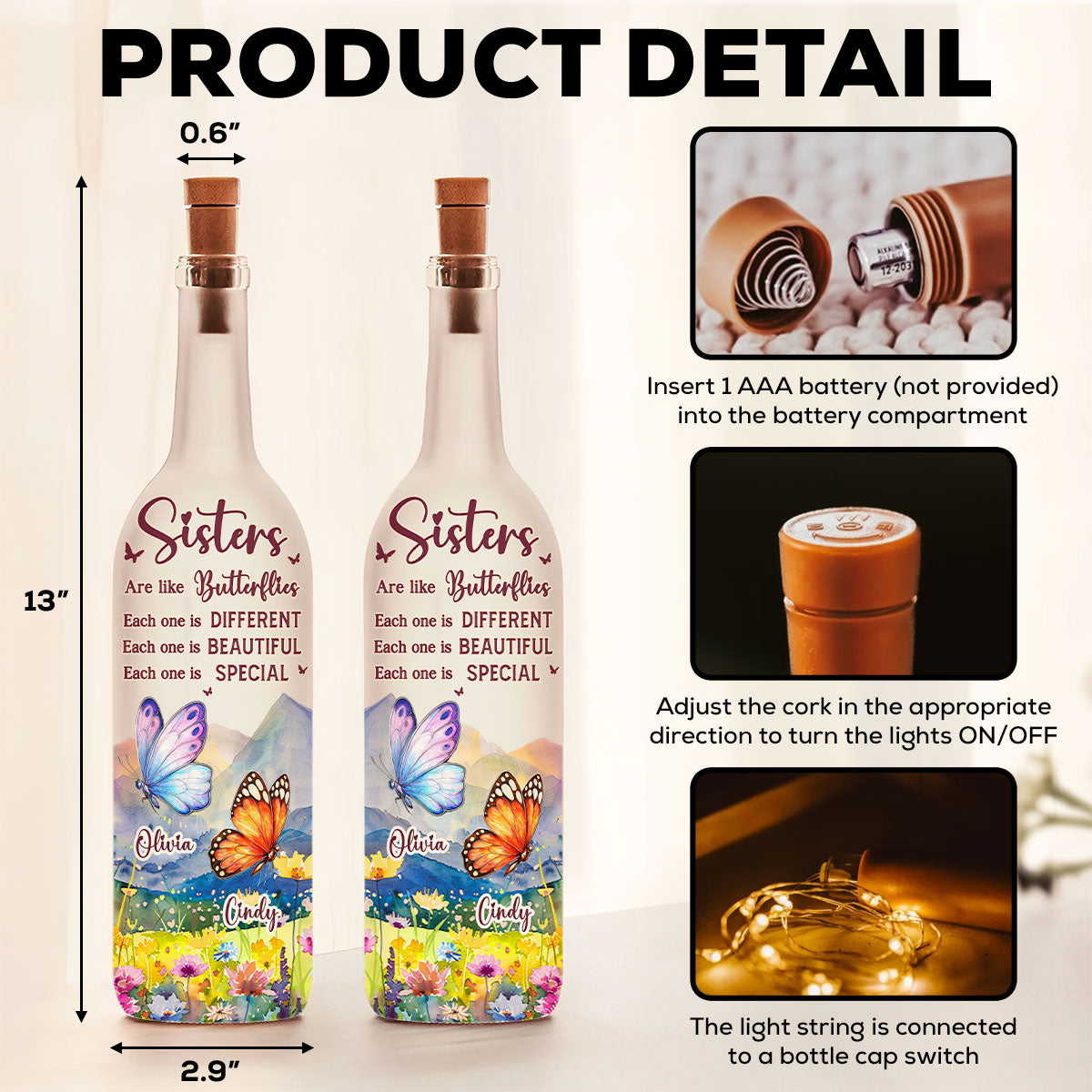Sisters Are Like Butterflies - Personalized Custom Bottle Lamp