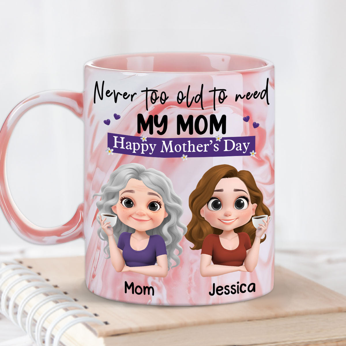 Never Too Old To Need Mom - Personalized Custom Pink Marble Mug