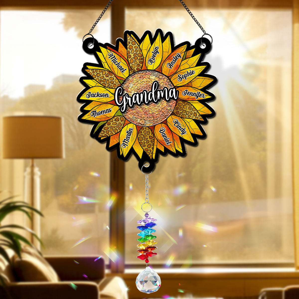 Beautiful Sunflower Grandma - Personalized Custom Suncatcher With Crystal Rainbow Charm