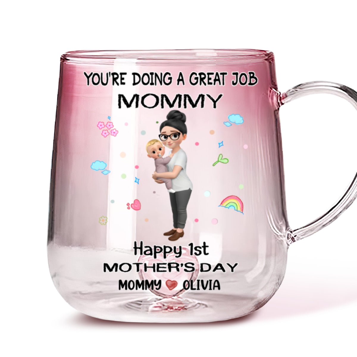 Mommy And Baby Bond - Personalized Custom Pink Gradient Glass Mug