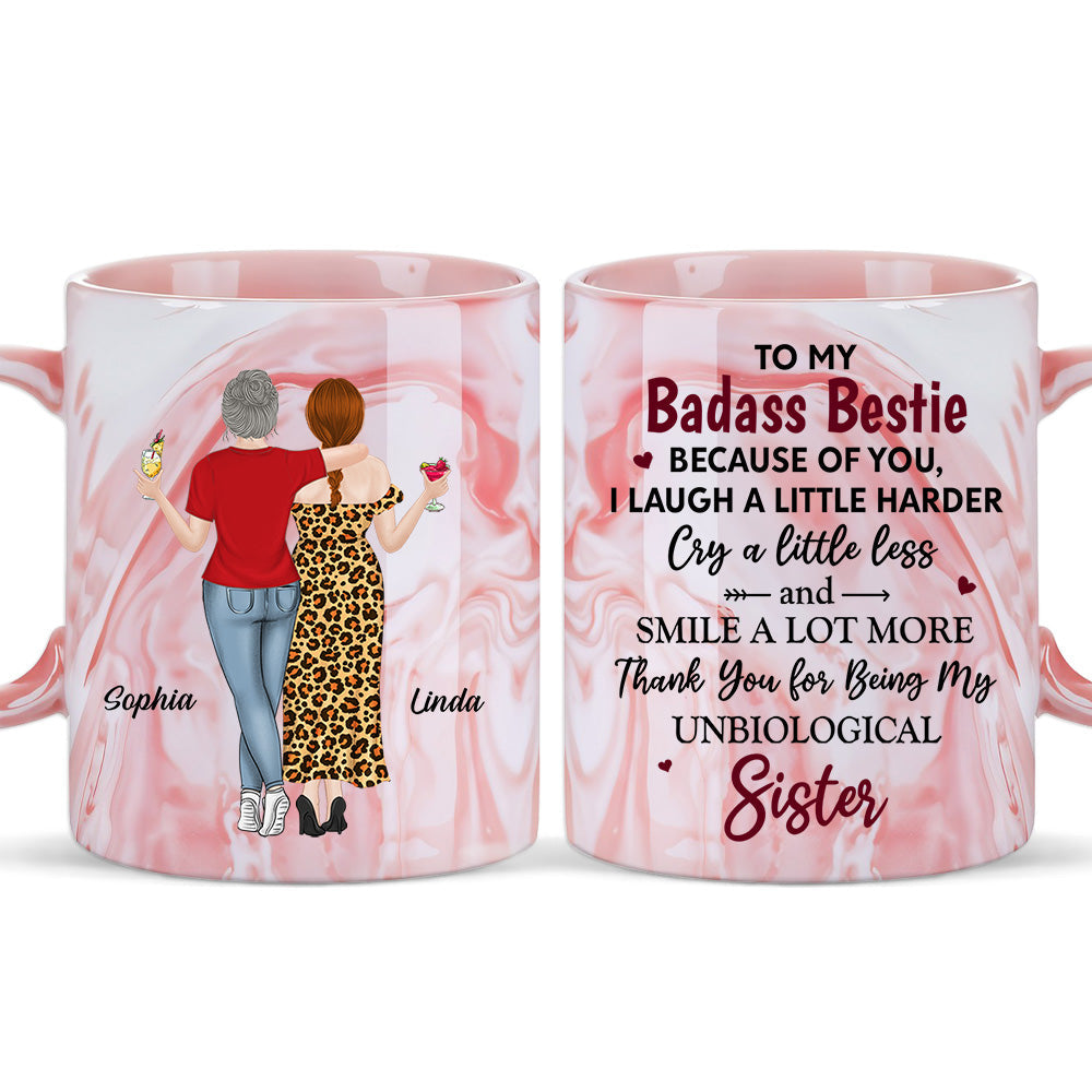 Because Of You I Laugh A Little Harder - Personalized Custom Pink Marble Mug
