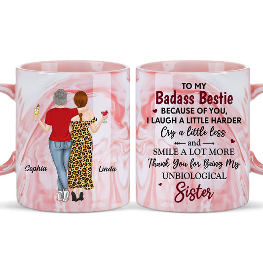 Because Of You I Laugh A Little Harder - Personalized Custom Pink Marble Mug