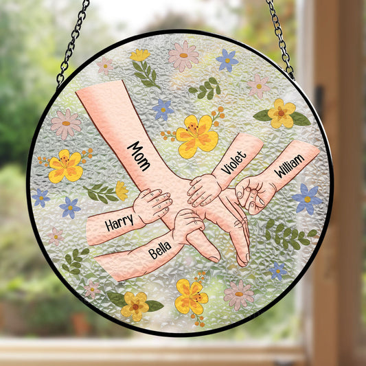 Mom Hold My Hand Also My Heart - Personalized Custom Window Hanging Suncatcher