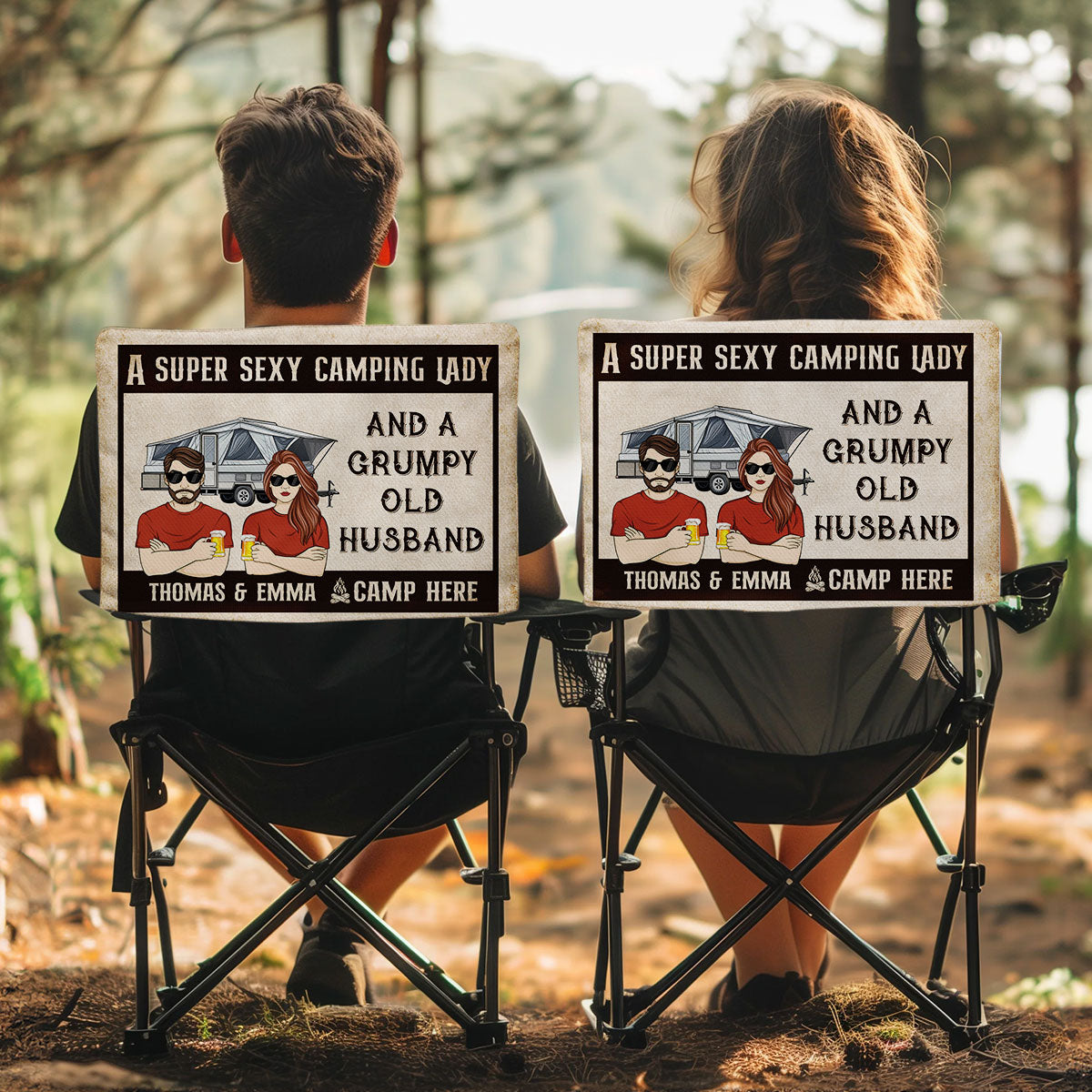 Sexy Camping Lady And Grumpy Old Husband - Personalized Custom Camping Chair Cover