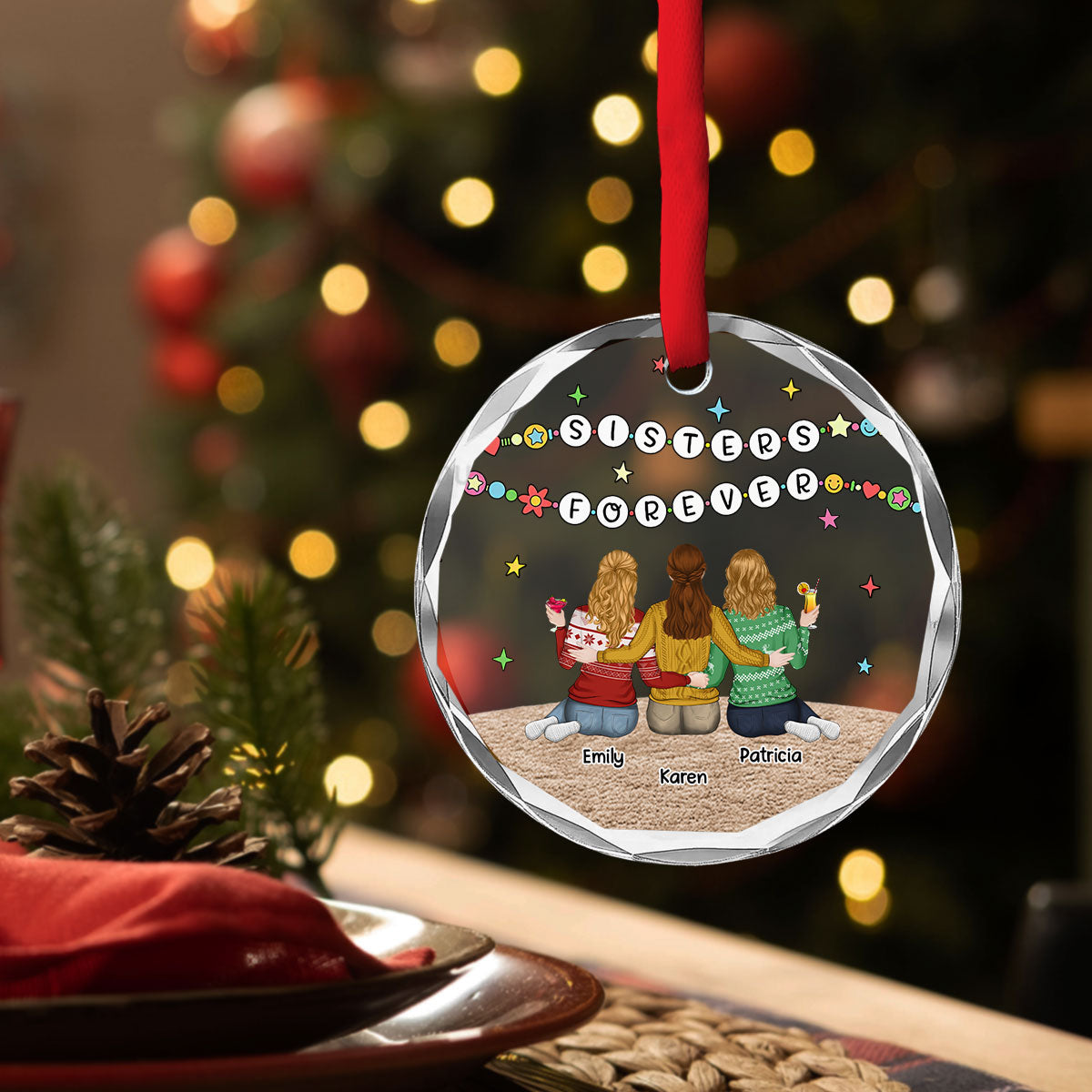 Sisters Sitting Colorful - Personalized Custom Glass Ornament