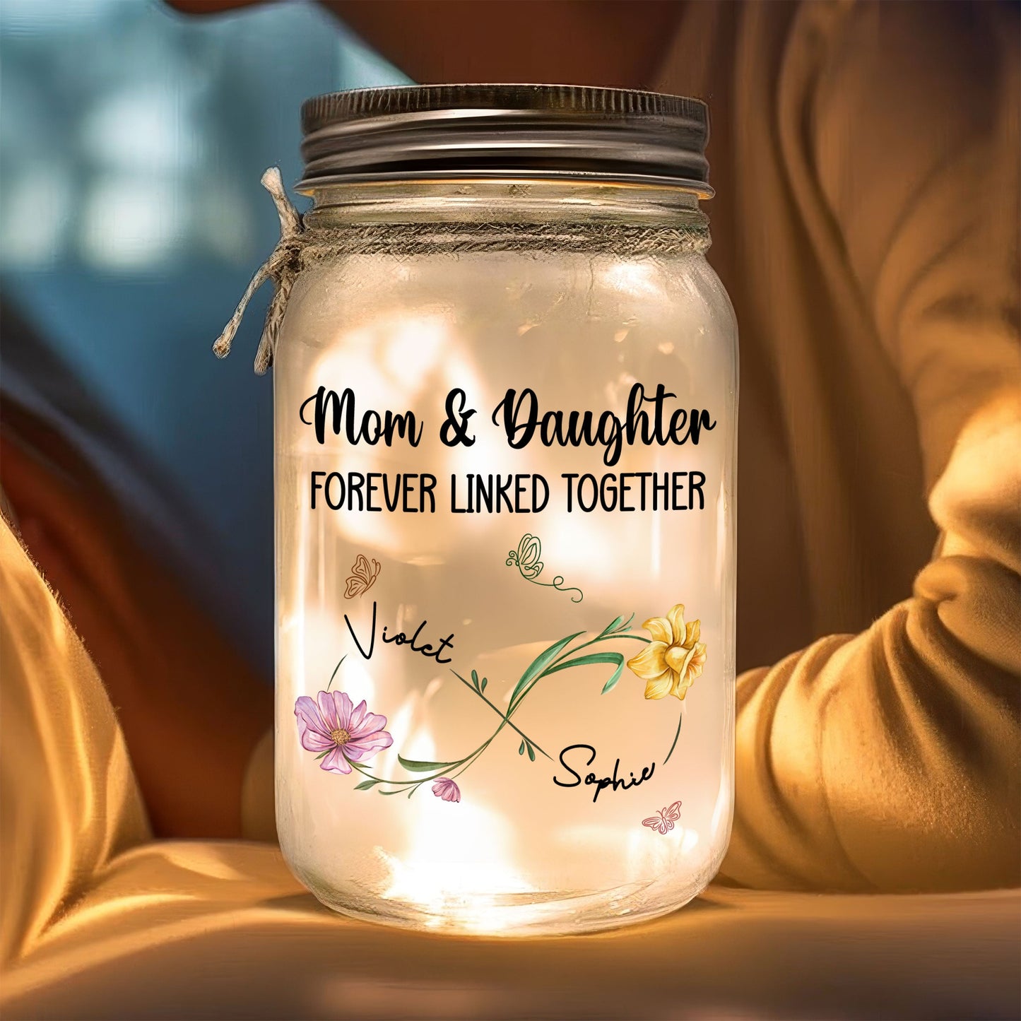 Mom And Daughter Forever Linked Together - Personalized Custom Mason Jar Light